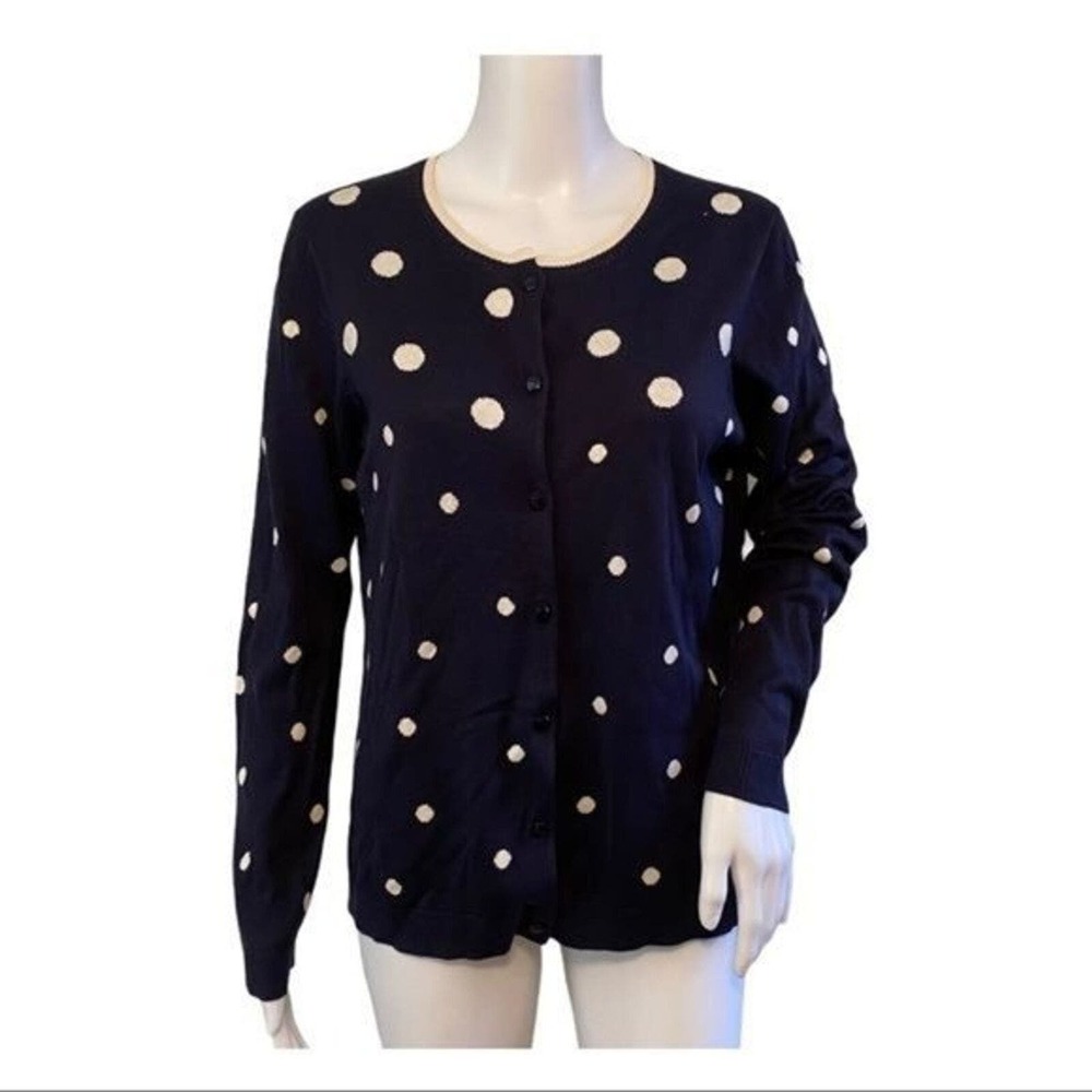 Pendleton Sweater Medium Petite Cardigan Navy Blue Ivory Polka Dot Office Preppy
